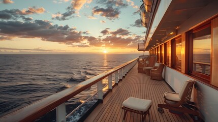 Elegant Sunset Cruise on Vintage Ocean Liner with Passengers Enjoying Amenities on Deck