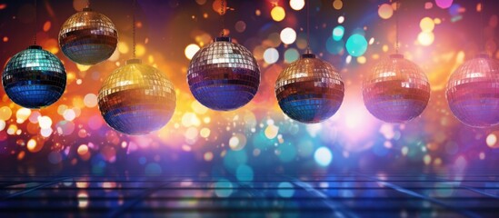 Disco balls and party lights create a vibrant atmosphere perfect for dancing and celebrating. Creative banner. Copyspace image