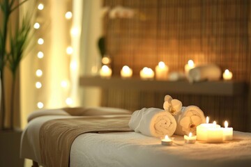 The tranquil spa room has a massage table, candles and soft lighting.