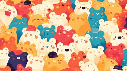 A charming design featuring adorable bears wearing hats with heart shaped cheeks set against a rich multicolored backdrop