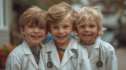 Three young boys in white lab coats with stethoscopes, smiling and posing together.