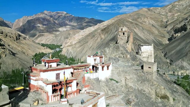 Wanla Buddhist Monastery, Zanskar from the air, Himalayas from drone, Tibet