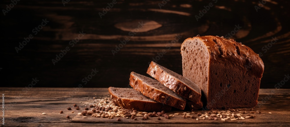 Poster a copy space image of sliced brown bread with seeds is displayed on a rustic wooden background creat