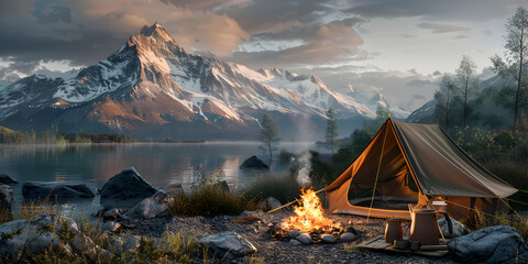 camping in the mountains,,,Camping tent and bonfire by river at night campfire in dark forest 