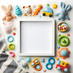 Fototapeta premium AI Generate of A Kid Toys, Toys with White Blank Frame in Middle for Copy Text. Top View. Flat Lay.White Background.
