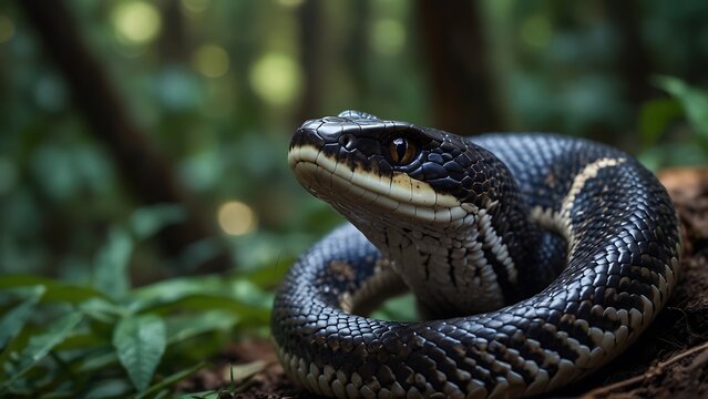 portrait of a beautifully patterned snake relaxing on a tree trunk with a blurred background