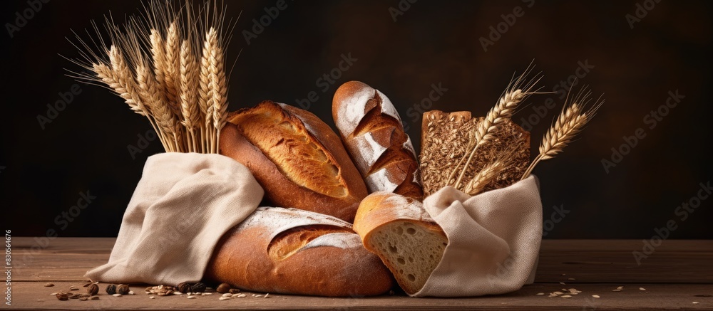 Aufkleber an eco friendly paper bag holds a variety of breads rye wheat and baguette creating an appealing cop
