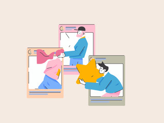 Virtual characters social communication concept business flat vector hand drawn illustration
