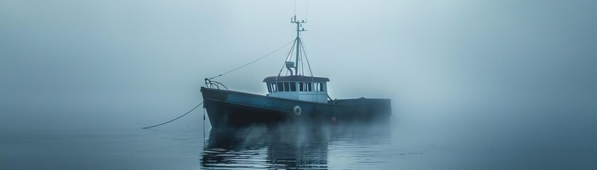 Naklejka premium A mysterious fishing boat anchored in foggy waters, creating a serene and atmospheric scene with limited visibility.