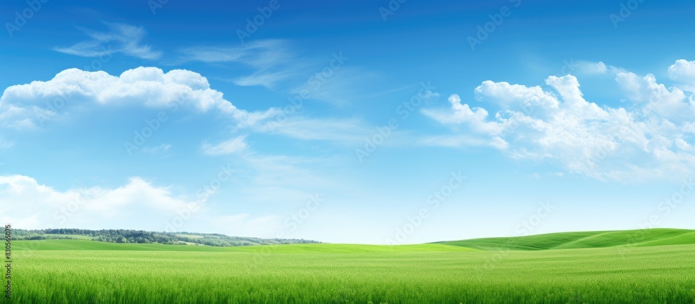 Wall mural a picturesque scene with a lush green field extending beneath a clear blue sky providing ample copy 