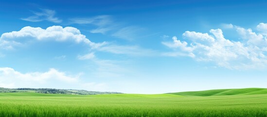 A picturesque scene with a lush green field extending beneath a clear blue sky providing ample copy...