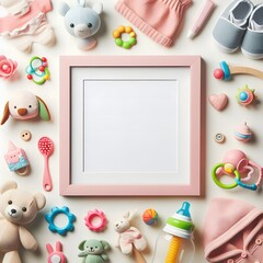 AI Generate of A Kid Toys, Toys with White Blank Frame in Middle for Copy Text. Top View. Flat Lay.White Background.