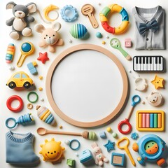 AI Generate of A Kid Toys, Toys with White Blank Frame in Middle for Copy Text. Top View. Flat Lay.White Background.