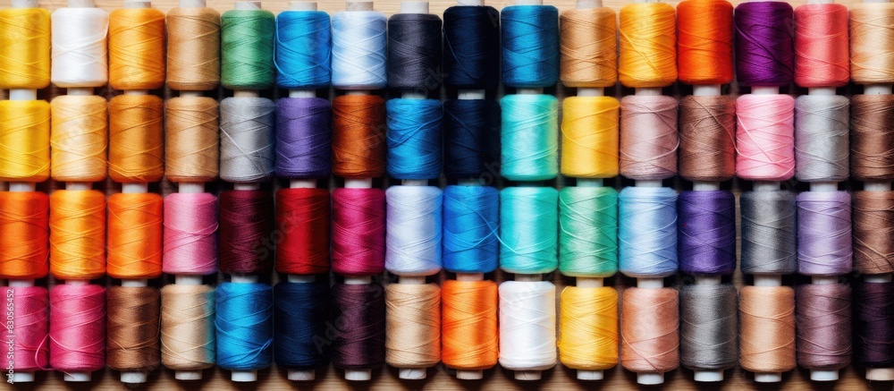 Poster the top view showcases a vibrant collection of colorful sewing threads on a natural linen cloth offe