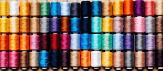 The top view showcases a vibrant collection of colorful sewing threads on a natural linen cloth offering ample copy space for text