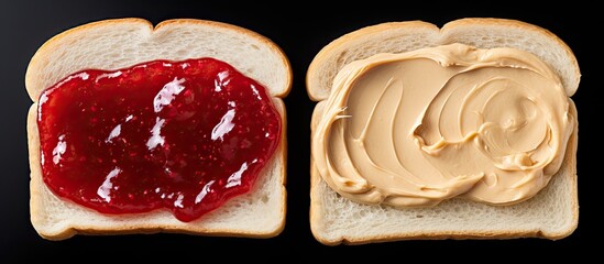 A top view of peanut butter and jelly on white bread toasts placed on a white background with copy space image