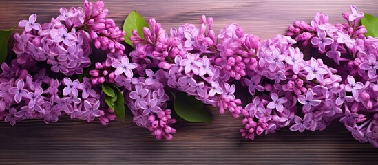 A delightful arrangement of lilac spring flowers placed on a wooden background creating a stunning copy space image