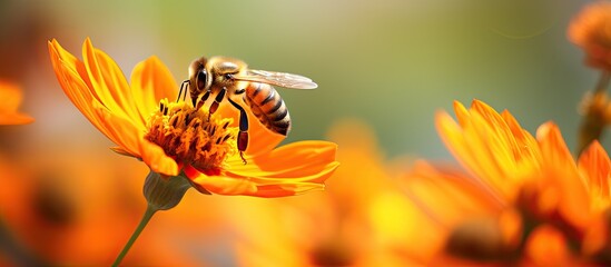 A close up image of a honey bee gathering pollen on a flower with a blurred background Copy space image