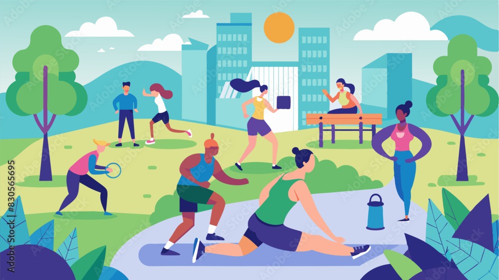 Poster a local park transforms into a bustling fitness hub as community members partake in a highenergy gro