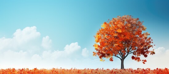 A nature concept of the fall season with copy space on a blue sky background features autumn trees