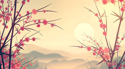 Wave, bamboo, cherry blossom flower elements in vintage style on Japanese background. Background with landscape and mountains.