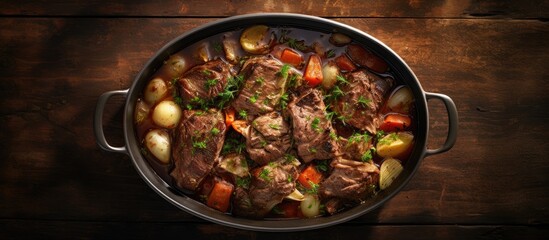 A top down view of a pot roast simmered slowly to perfection with plenty of copy space for presentation