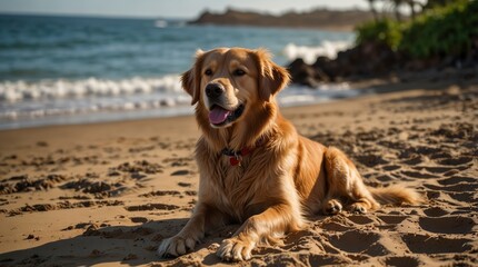 Summer vibes A Golden Retriever basks in the sun on a Hawaiian beach, embracing the tranquility of vacation