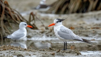 Fototapeta premium Caspian Tern grooming near a sandy shore with a fairy tern in the distance