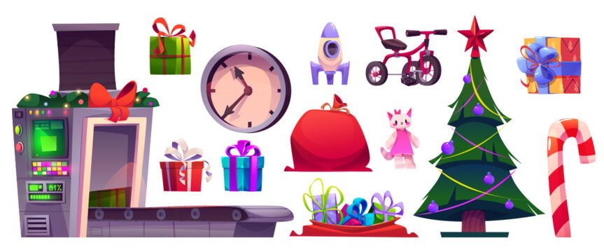 Christmas Santa Claus factory elements. Creation kit of xmas workshop with children toys and wrapped gift boxes, manufacturing automated conveyor belt and bag with presents, decorated tree and clock.