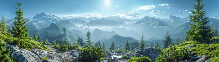Fototapeta premium Breathtaking panoramic view of misty mountain range with dense pine trees under a clear blue sky. Ideal for nature, travel, and adventure themes.