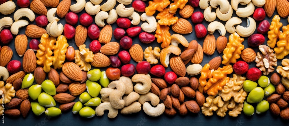 Poster colorful background with a delightful assortment of coated nuts for a copy space image
