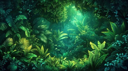 Obraz premium A vibrant, lush jungle scene filled with a variety of green foliage, creating a dense and immersive tropical forest environment. The sunlight filters through the canopy, diverse textures leaves.