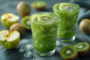 Fototapeta premium Apple Kiwi Smoothie - Light green with apple and kiwi slices. 