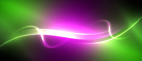 Neon glowing circle rays, light round lines in the dark, planet style neon wave lines. Energetic electric concept design for wallpaper, banner, background
