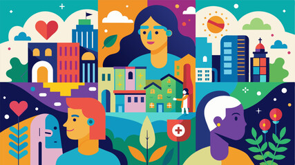 A series of colorful murals painted by local artists are on display in a downtown area each portraying a different aspect of mental health and its impact on the community.. Vector illustration