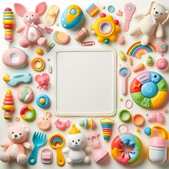 AI Generate of A Kid Toys, Toys with White Blank Frame in Middle for Copy Text. Top View. Flat Lay.White Background.