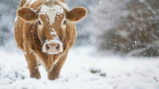 Cow standing in snow during the winter
