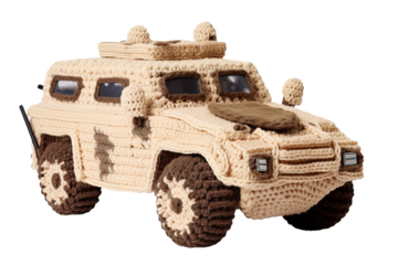 Miniature Military Mayhem: Crocheted Toy Tank in Action on White or PNG Transparent Background.