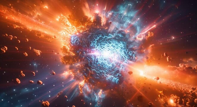 giant blue star exploding with gamma rays and pieces flying away, big explosion in the middle with light rays coming out
