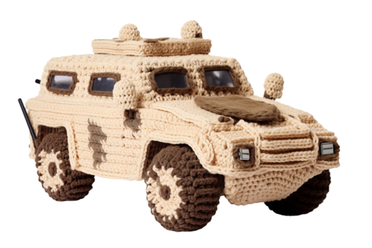 Miniature Military Mayhem: Crocheted Toy Tank in Action on White or PNG Transparent Background.