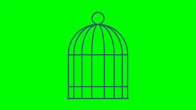 Birdcage. Vintage metal empty birdcage with a closed door. Concept of prison, imprisonment. Self-isolation. Birdcage. Steel traps. Vintage bird cage. 2d flat animation. Alpha channel. Chroma key