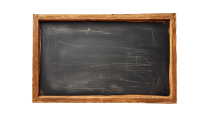blank blackboard with chalk, Blank blackboard in wooden frame isolated, top view on transparent background