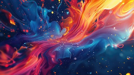 Abstract colorful swirling patterns with glowing particles in a dark background.