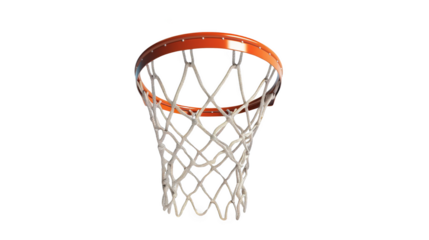 A basketball net with a white background. The net is made of metal and has a brown rim, isolated on transparent background