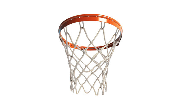 A basketball net with a white background. The net is made of metal and has a brown rim, isolated on transparent background