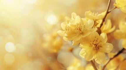 spring nature background. spring yellow flowers close up on abstract light backdrop.
