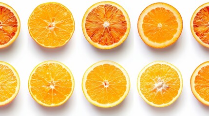  A group of sliced oranges arranged on a white countertop One orange is cut in half, with its two halves beside the others