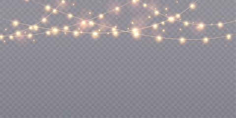 Vector garlands and yellow lights glow on a transparent background. Festive chain of lights, vector illustration 10 EPS