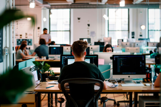 Open office area with rows of desks, computer monitors, and people working. The office is modern and collaborative, with a bright and productive atmosphere.