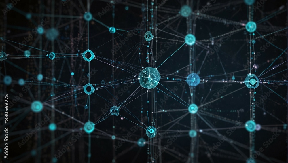 Poster blockchain visualization with geometric nodes and interconnections on dark background